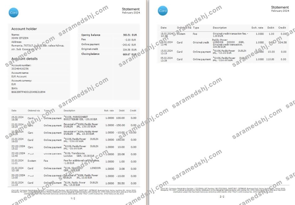 Ukraine Icard bank statement 3 – 6 months Word and PDF example, 2 pages